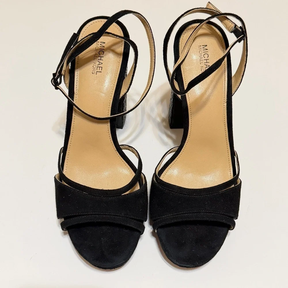 Michael Michael Kors embelished block heel Sandals, black suede leather, sz 8.5